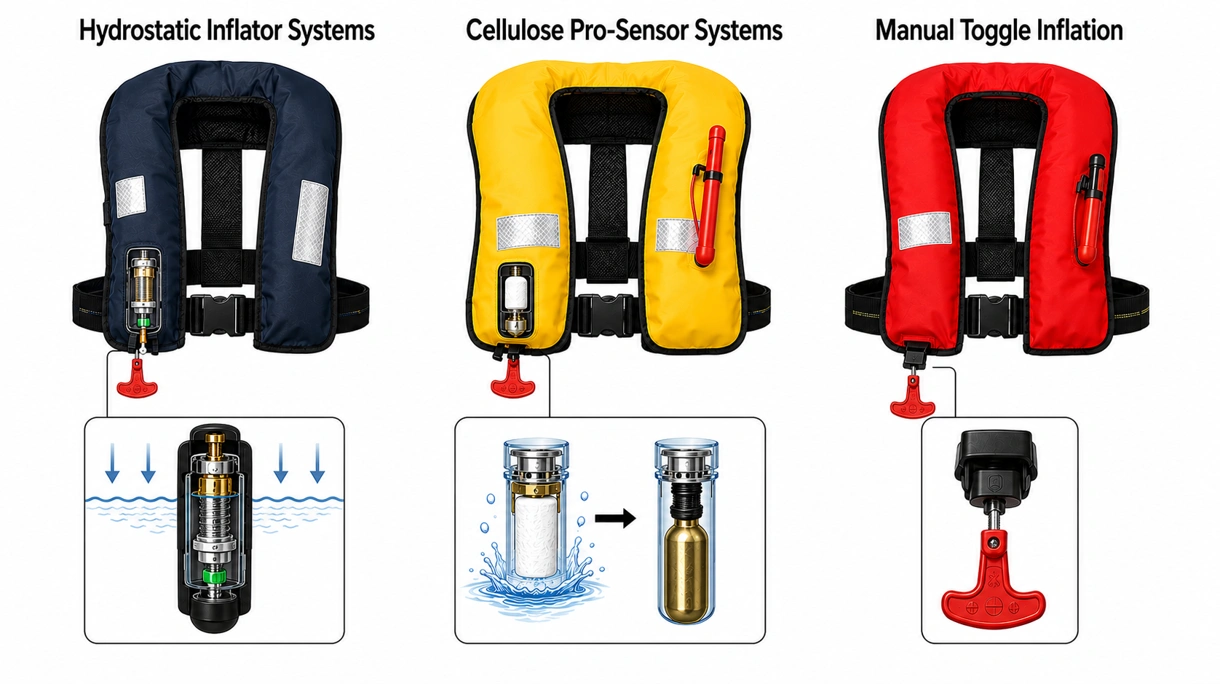 Close-up of a hydrostatic inflator mechanism and CO2 cylinder inside a professional grade maritime life jacket.