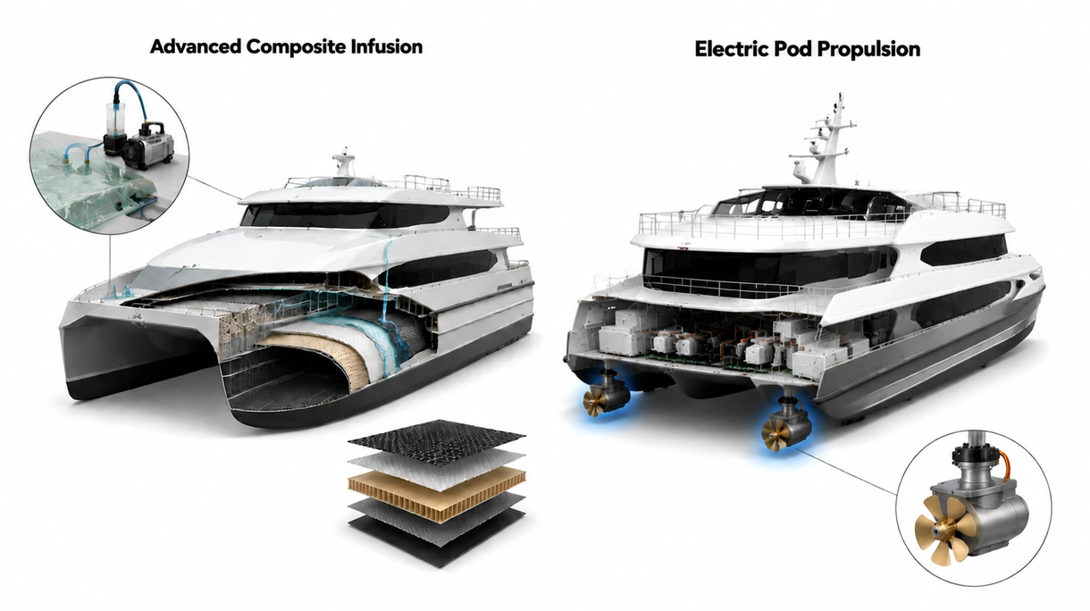 Technical close up of a catamaran ship hydrofoil system showing precision marine engineering and high grade stainless steel components.