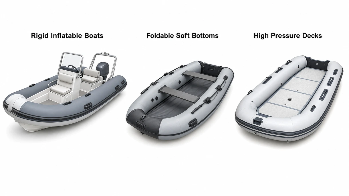 Technical macro shot of heat-welded seams and heavy-duty D-rings on a multi-chamber commercial grade inflatable boat tube.