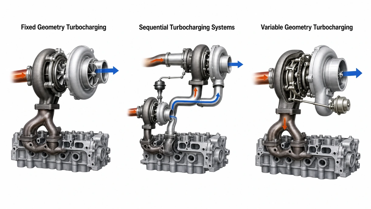 Technical close-up of a turbocharged engine showing the saltwater-resistant turbine housing and reinforced wastegate assembly.