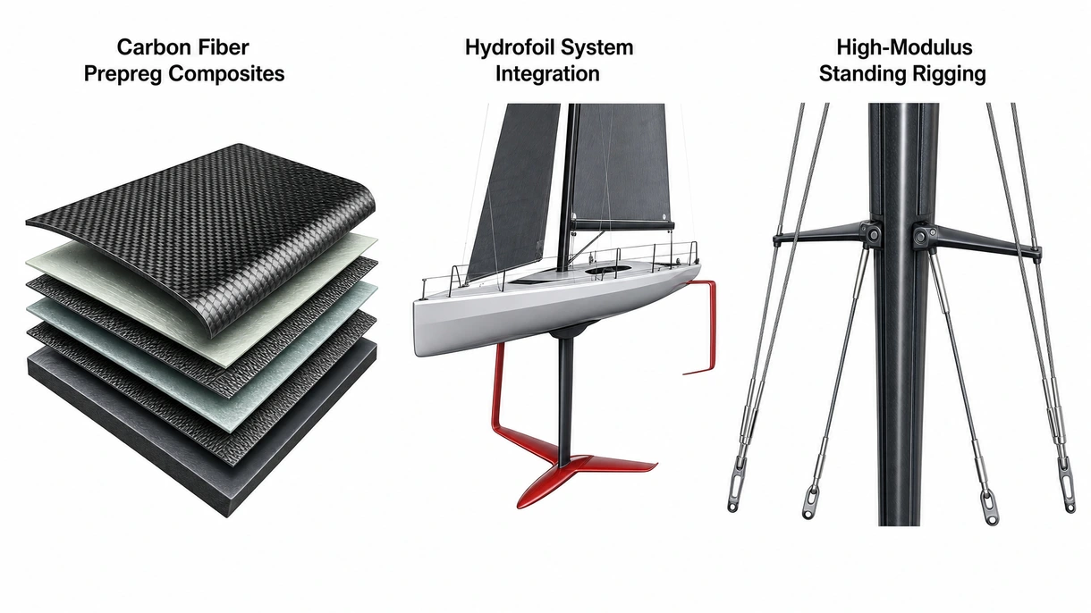 Detailed close-up of a high-modulus carbon mast and synthetic standing rigging showing advanced tension adjustment systems on deck.