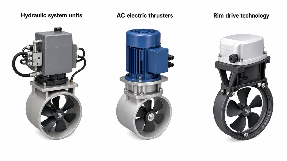 Detailed view of a tunnel-mounted lateral thruster propeller showing high-grade bronze blades and protective anti-fouling coating.