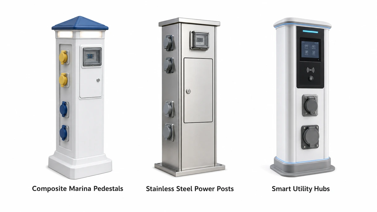 Detailed view of internal breakers and smart meter display inside a marine-grade weatherproof electrical distribution pedestal enclosure.