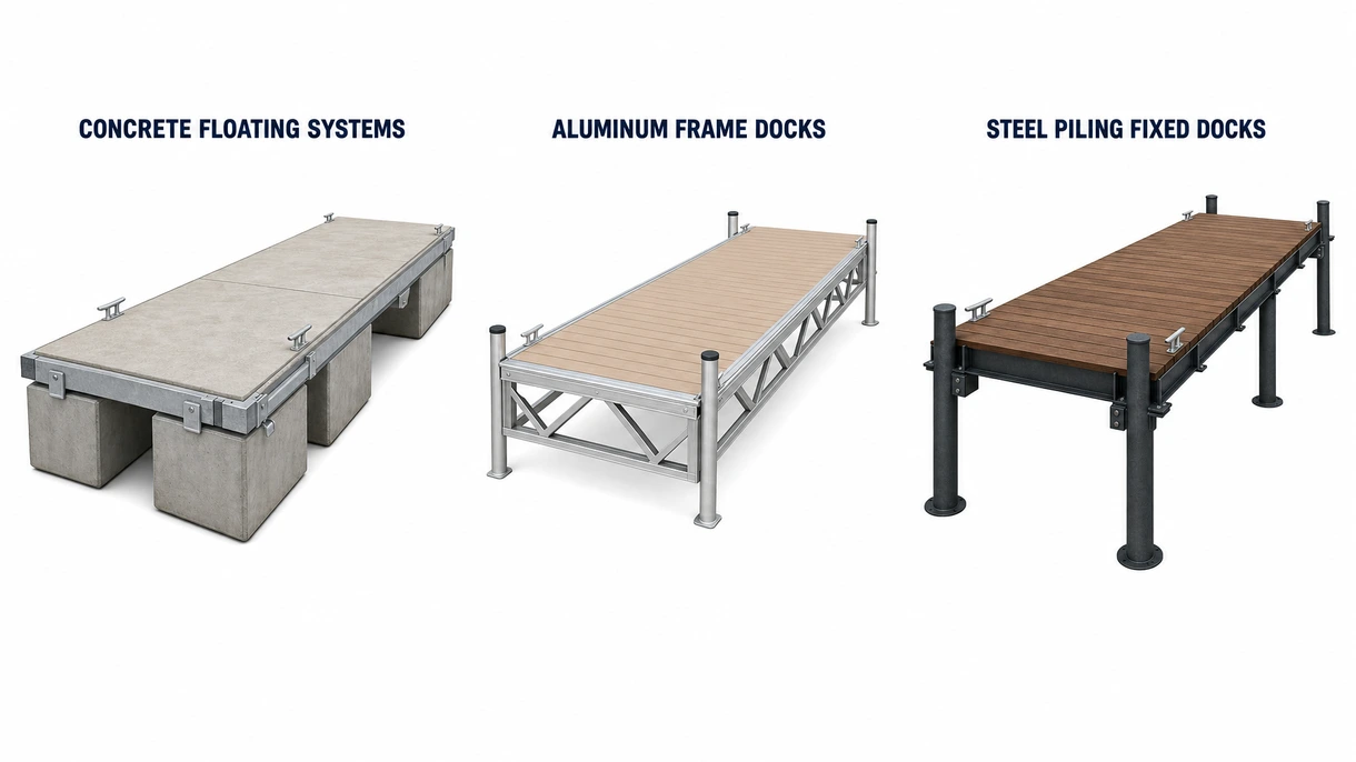 Technical close-up of marine-grade aluminum dock frame featuring integrated utility tracks and reinforced stainless steel mooring bollard attachment.