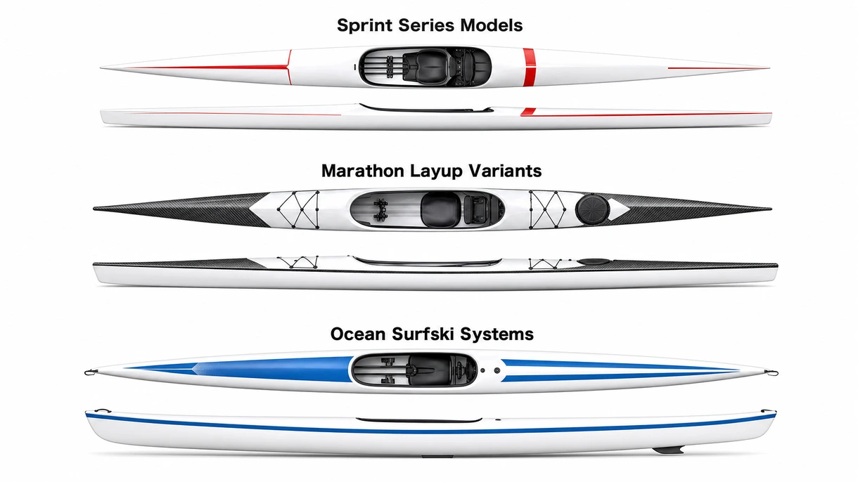 Detailed close up of a racing kayak carbon fiber layup and adjustable ergonomic footrest system for professional power transfer.