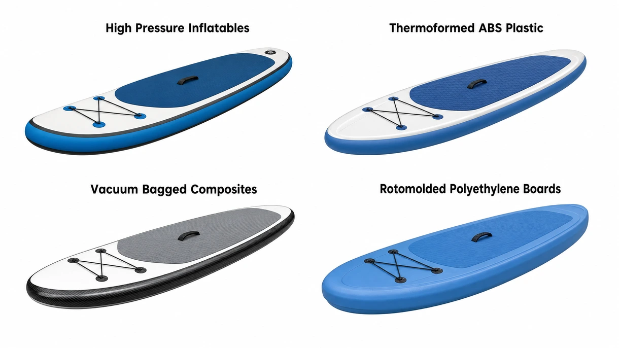 Technical close-up of high-pressure drop-stitch PVC layers and reinforced rail tape on a professional grade stand-up paddle-board.