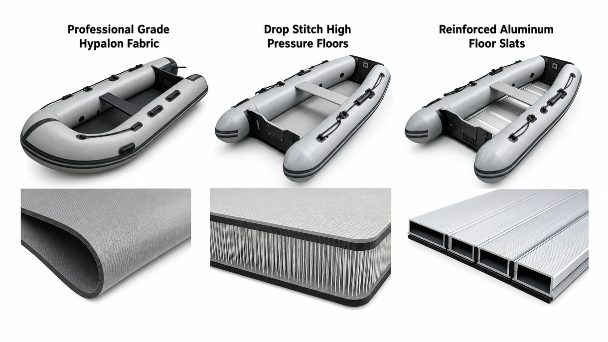 Technical detail of a reinforced transom and Hypalon tube seam on a commercial grade outboard inflatable boat for professionals.