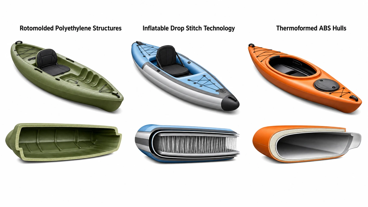 Technical detail of a reinforced polyethylene kayak hull showing integrated scupper drainage and UV-resistant marine-grade surface finish.