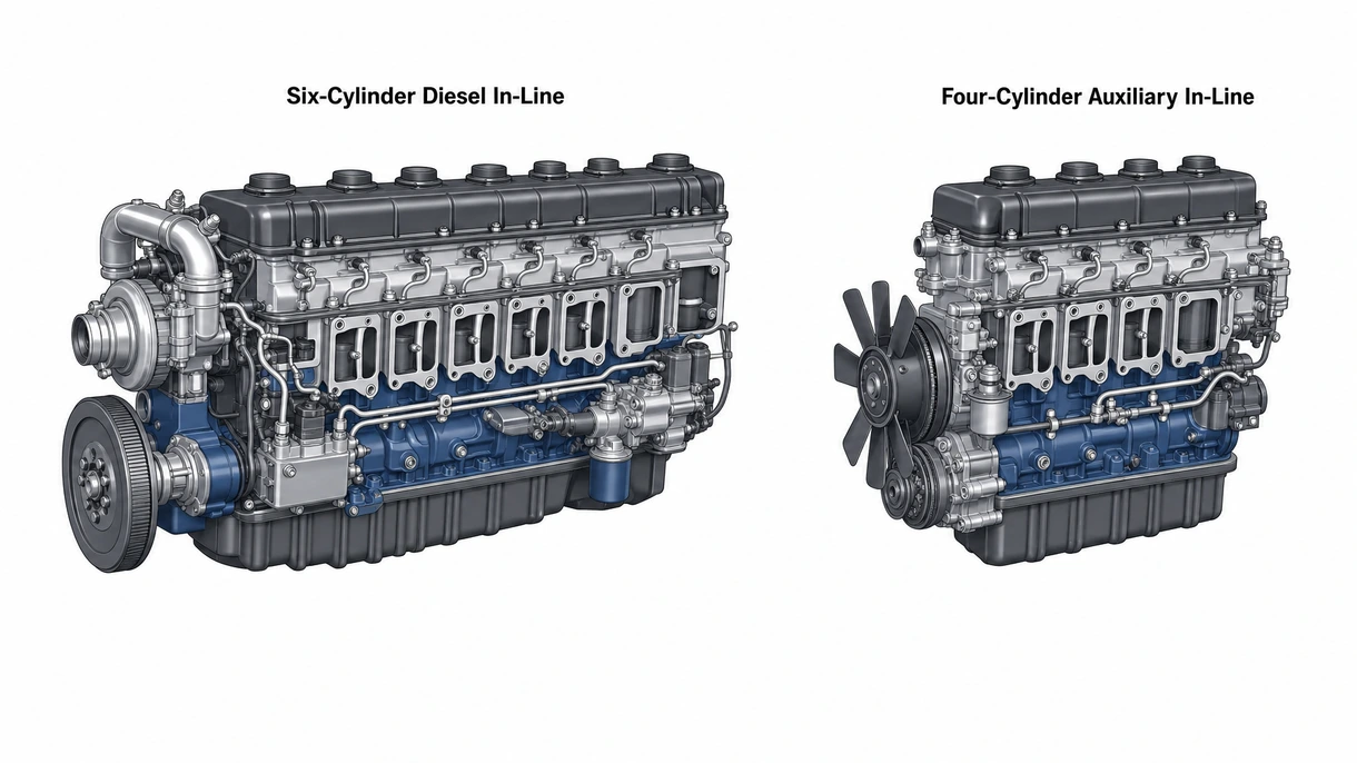 Technical close-up of a high-pressure common rail system on a marine in-line engine showing fuel injectors and sensors.