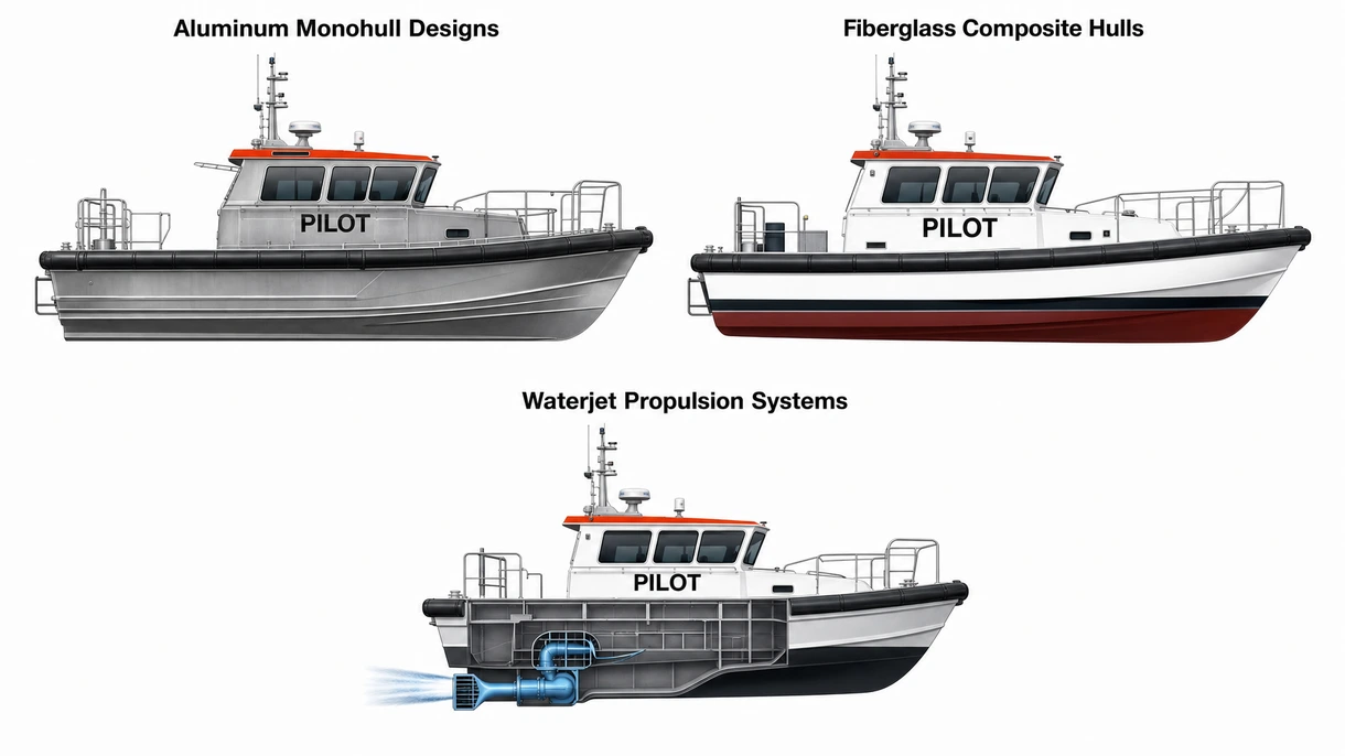 Technical detail of a self-fendering system and recessed rescue platform on a modern aluminum pilot boat hull.