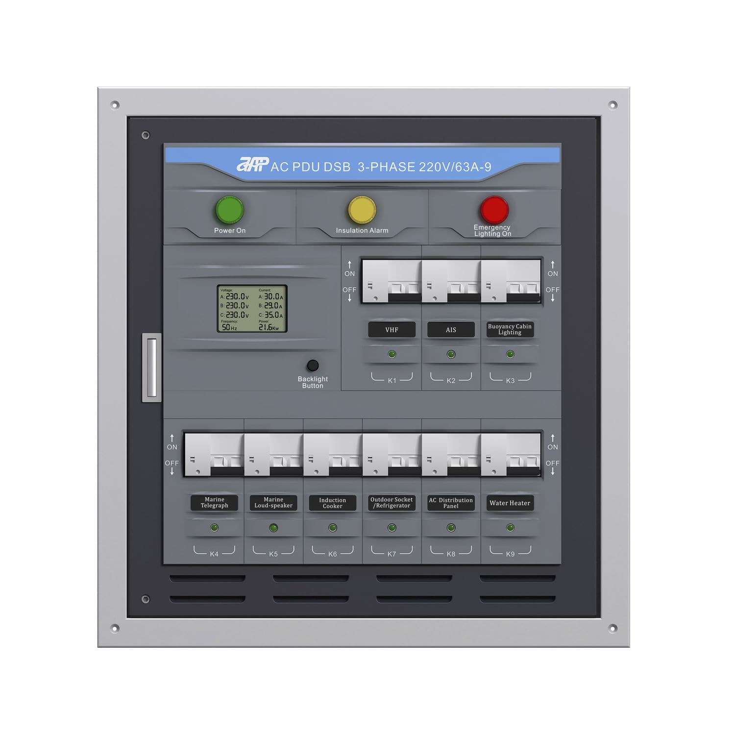 Boat power distribution unit AC PDU DSB 3 Phase 230V/63A9 Sub Motorized Panel APM