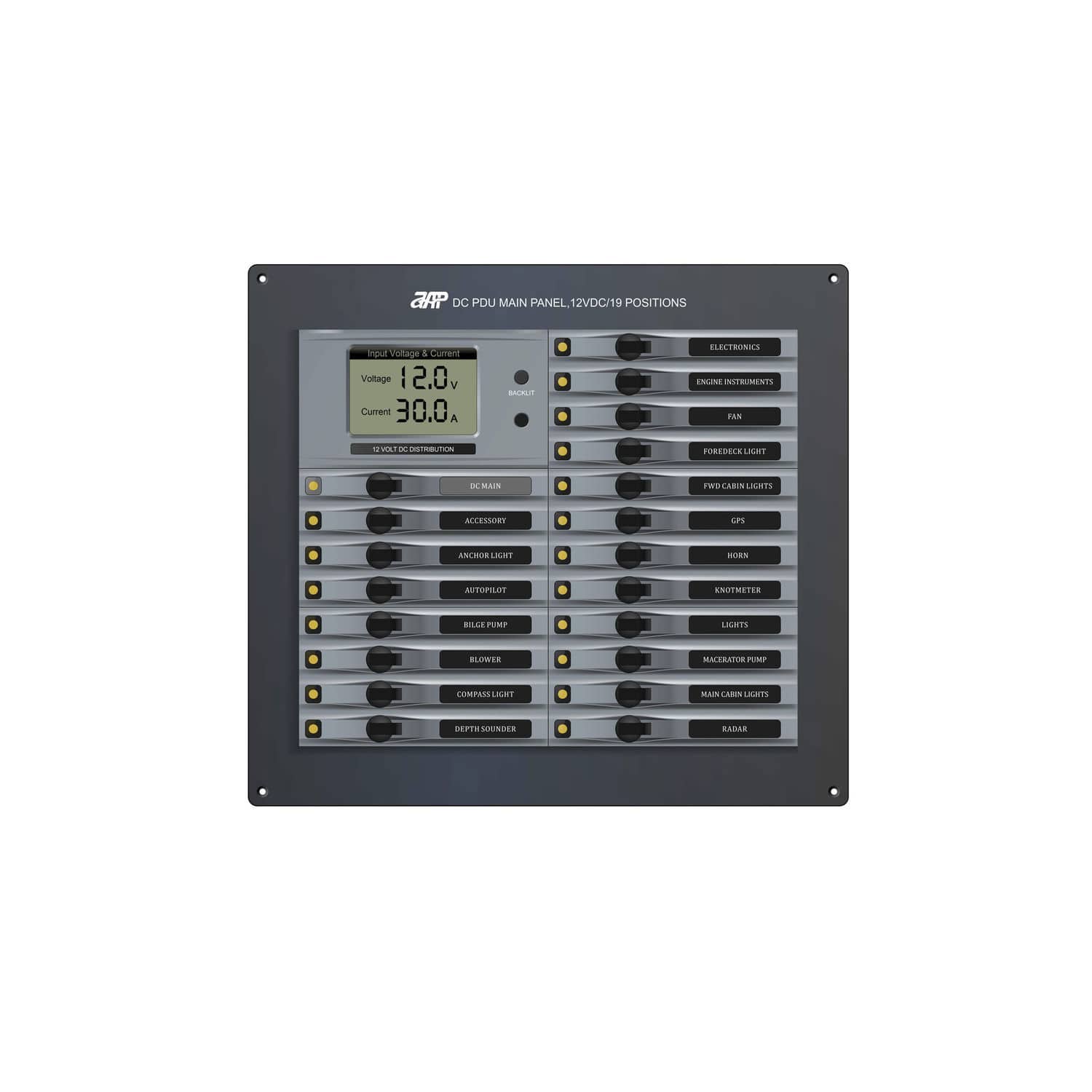 Boat power distribution unit DC PDU Main Panel, 12VDC(24VDC)/19 Positions APM TECHNOLOGIES
