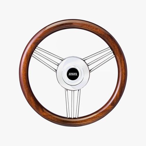 Stainless steel power boat steering wheel - Volvo Penta - leather-covered / mahogany / racing