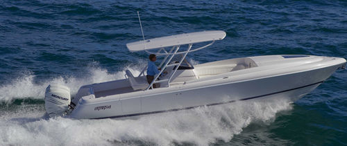 Outboard walkaround - 327 CUDDY - Intrepid - twin-engine / sport-fishing / with T-top