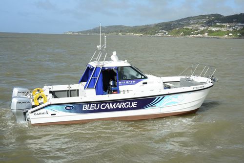 Catamaran express cruiser - Bleu Camargue - Cheetah Marine - outboard / twin-engine / with enclosed cockpit