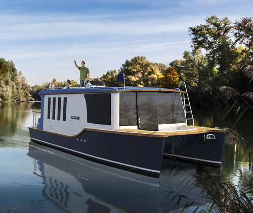 Catamaran express cruiser - KRONLAND II - Bader Hausboot - outboard / displacement hull / flybridge