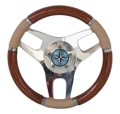 Wooden power boat steering wheel - ALBA W-L - Ros Industrie srl - leather-covered / classic