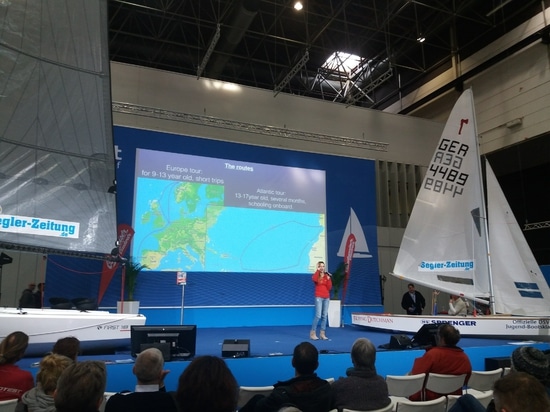 Laura Dekker doing presentation at the Dusseldorf boat show