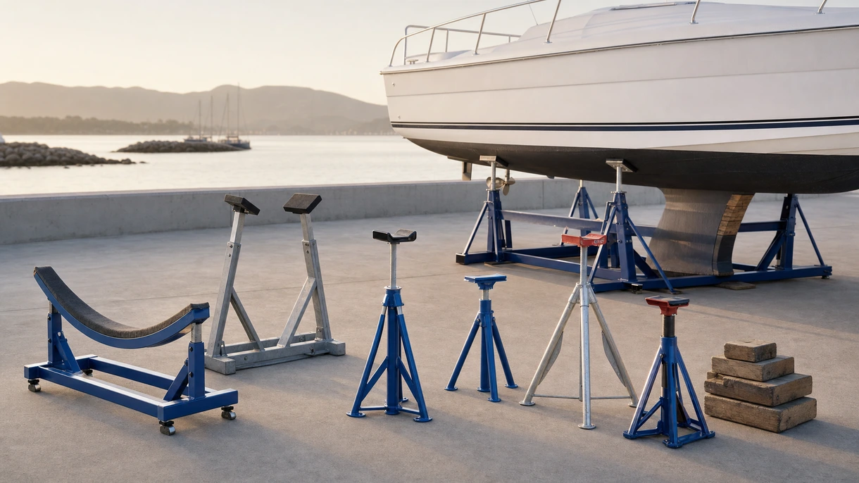 冬季メンテナンス中の造船所のコンクリート床で、大型モーターヨットを支える頑丈な溶融亜鉛メッキ製クサビ用脚。