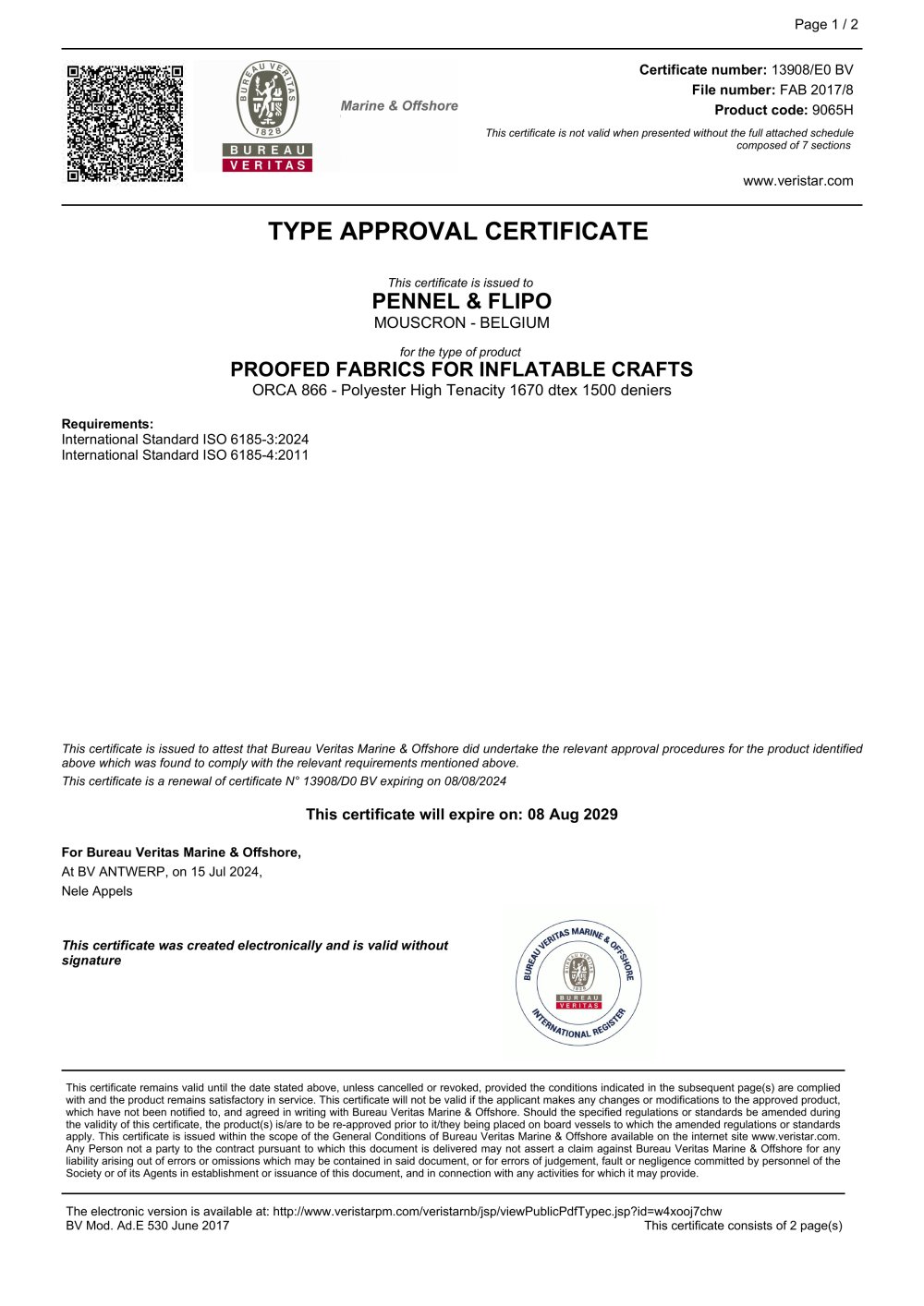 TYPE APPROVAL CERTIFICATE - ORCA 866 - PENNEL & FLIPO - Sea U Experience