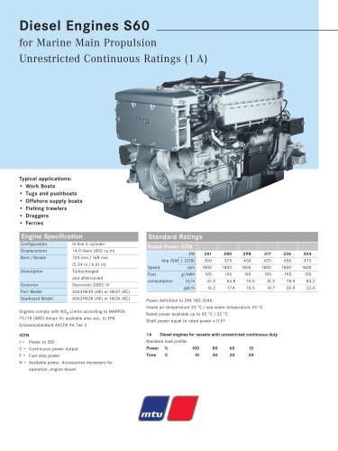 MTU Diesel Engines S60 for Marine Main Propulsion Unrestricted Continuous Ratings (1 A)