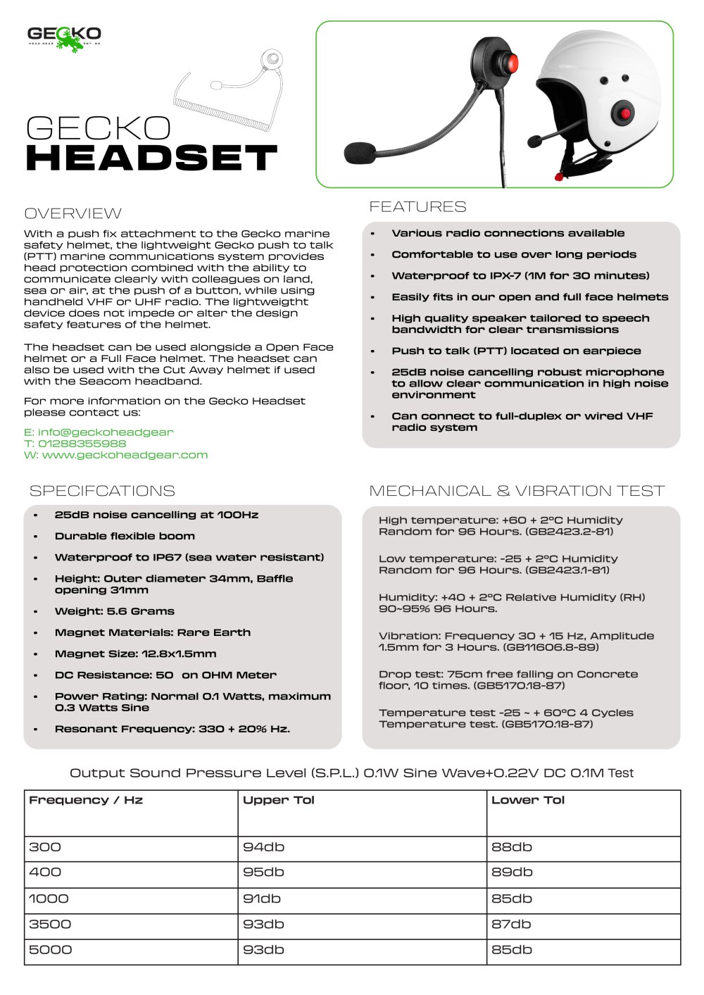 Headset Data Sheet - Gecko Head Gear