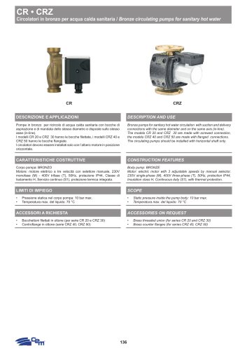 BRONZE CIRCULATING PUMPS FOR SANITARY HOT WATER CR • CRZ