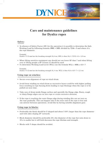 Care and maintenance guidelines for DynIce ropes