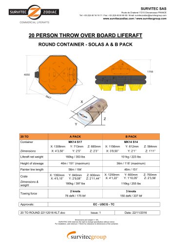 20 PERSON THROW OVER BOARD LIFERAFT ROUND CONTAINER - SOLAS A & B PACK