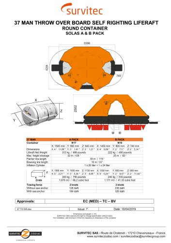 50 MAN THROW OVER BOARD SELF RIGHTING LIFERAFT ROUND CONTAINER