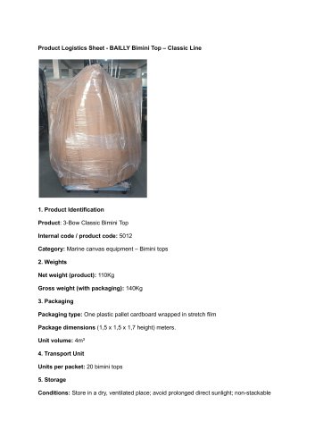 Bimini Top – Classic Line Logistics Sheet