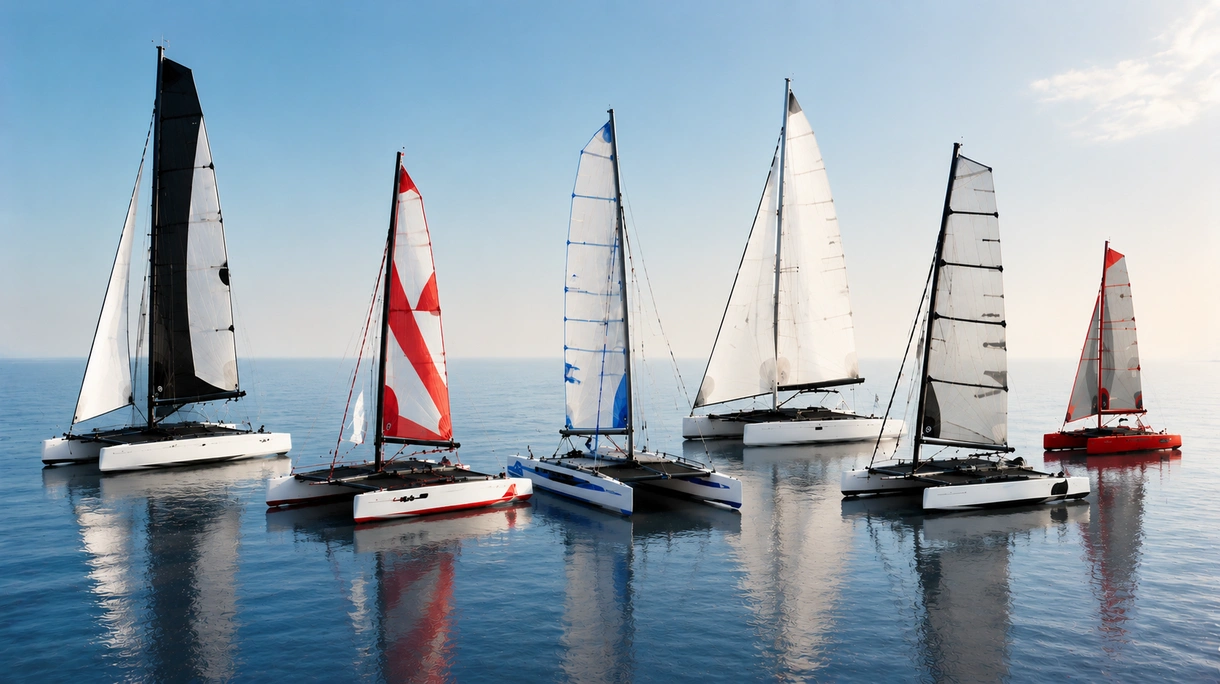 Catamarã esportivo profissional a realizar uma transição de foil a alta velocidade durante uma regata offshore com uma tripulação técnica de competição a bordo.