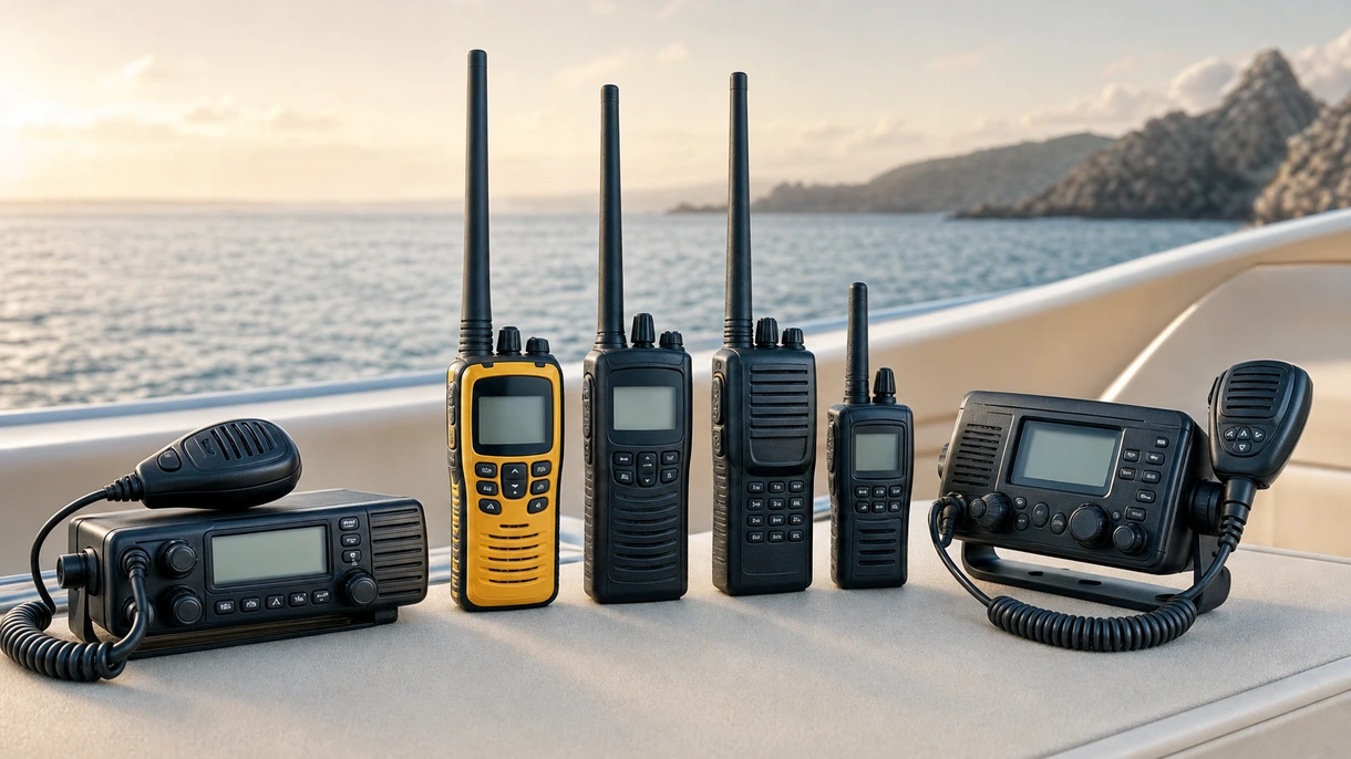 Rádio VHF marítimo profissional instalado numa ponte de comando comercial, exibindo o socorro DSC ativo e a monitorização de canais de navegação.