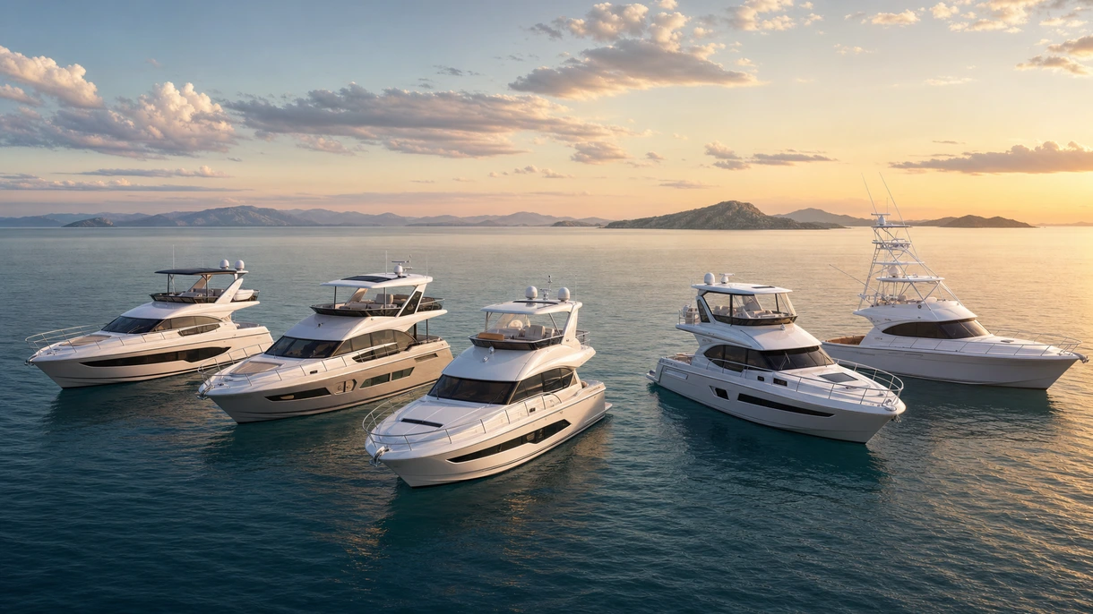 Lancha Express Cruiser com flybridge profissional a navegar em águas costeiras durante testes de mar a alta velocidade para validação de desempenho técnico.