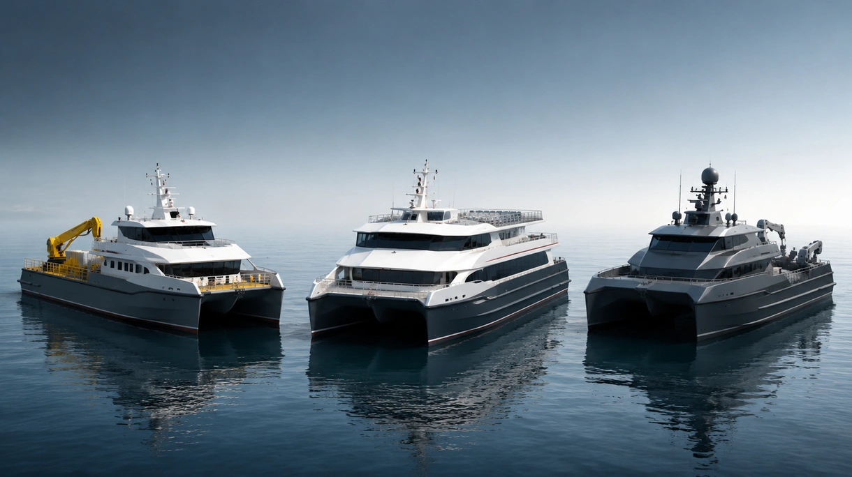 Navio catamarã comercial a navegar num terminal portuário europeu movimentado durante operações de ferry de passageiros de alta velocidade em águas costeiras.