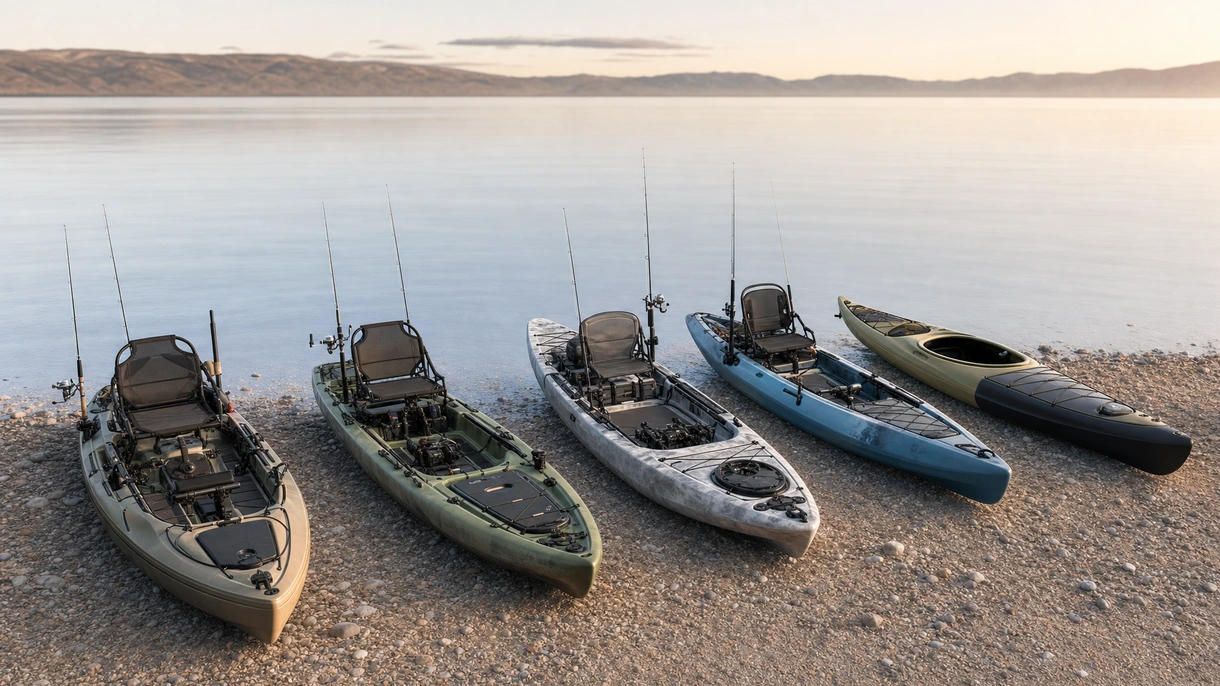 Caiaque de pesca profissional equipado com sistema de propulsão a pedais e sistema de sonar implantado num ambiente marinho costeiro para utilização em charters.