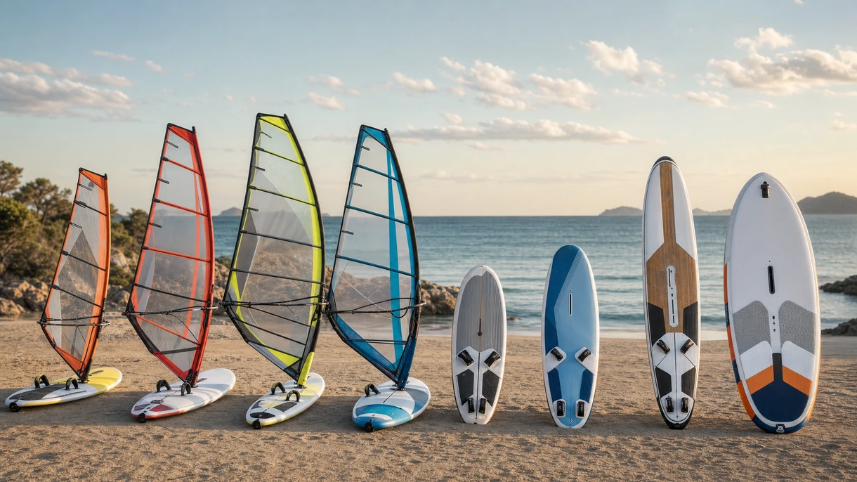 Uma prancha de windsurf profissional posicionada no cais de uma marina junto a uma frota de embarcações de apoio e equipamento.