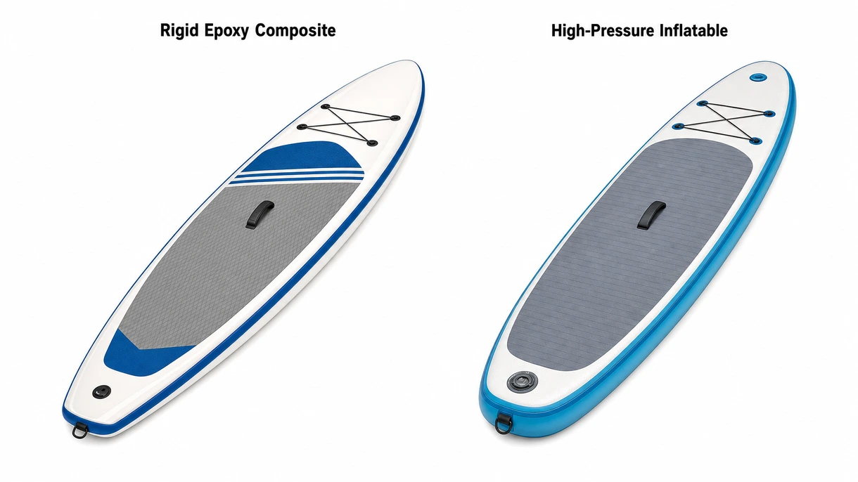 Vista macro de PVC de camada dupla reforçado e costuras soldadas termicamente numa prancha de stand-up paddle marítima profissional.