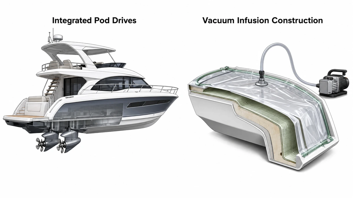 Grande plano técnico da casa das máquinas de uma lancha Express Cruiser com flybridge mostrando sistemas pod drive integrados e estruturas navais reforçadas.