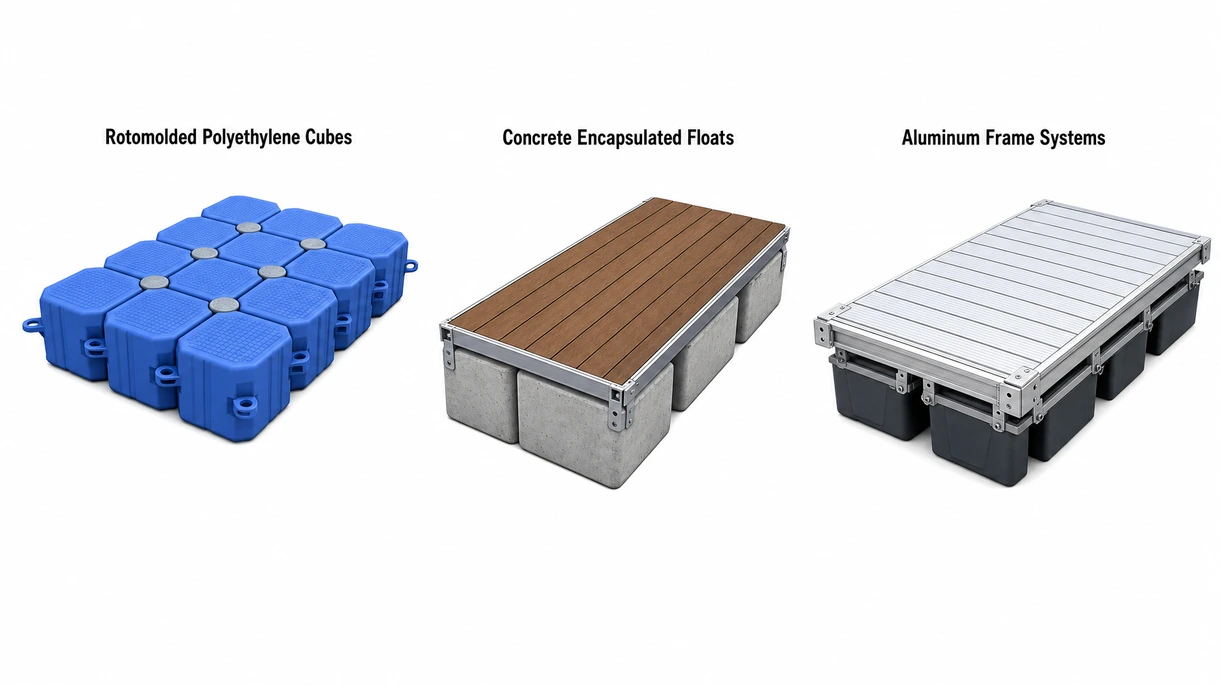 Grande plano de pinos de interligação de alta resistência e material PEAD estabilizado contra UV numa secção de píer modular flutuante de grau profissional.