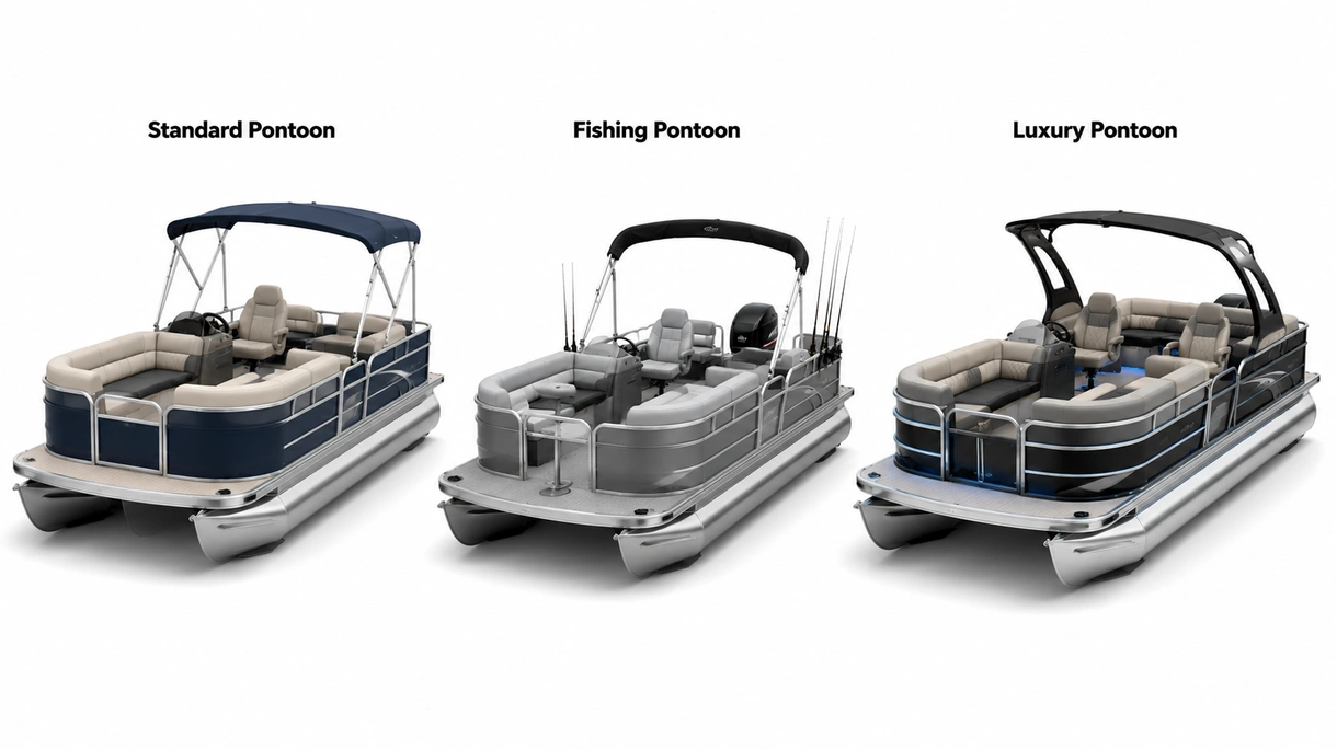 Grande plano detalhado da estrutura do casco de um pontoon boat de casco triplo, mostrando as soldaduras de alumínio de alta qualidade e o design dos defletores hidrodinâmicos.