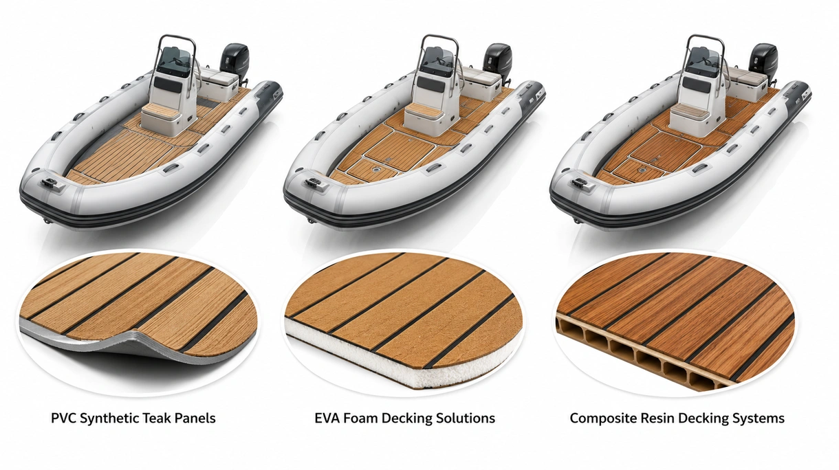 Pormenor detalhado demonstrando a colagem de precisão de uma superfície de teca sintética antiderrapante ao flutuador de um barco.