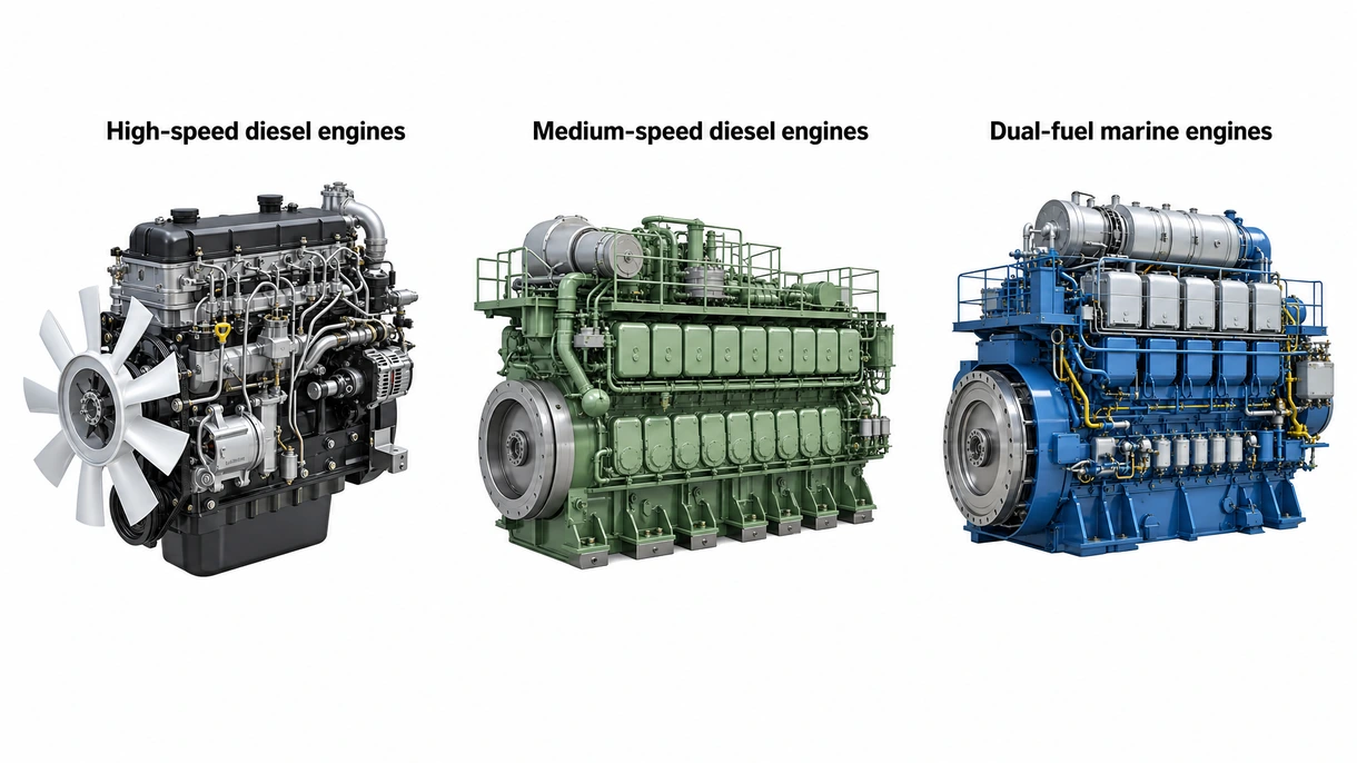 Grande plano técnico de um sistema de injeção de combustível common rail numa unidade de propulsão a diesel marítima moderna de alto desempenho.