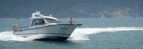 Lancha Express Cruiser com motor de popa - aurora (dalian) yachts co ltd - bimotor / com cockpit fechado / de pesca esportiva