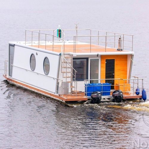 Barco-casa com motor de popa - Nordic40 / Evo42 - HOUSEBOAT - bimotor / com deck duplo / em alumínio